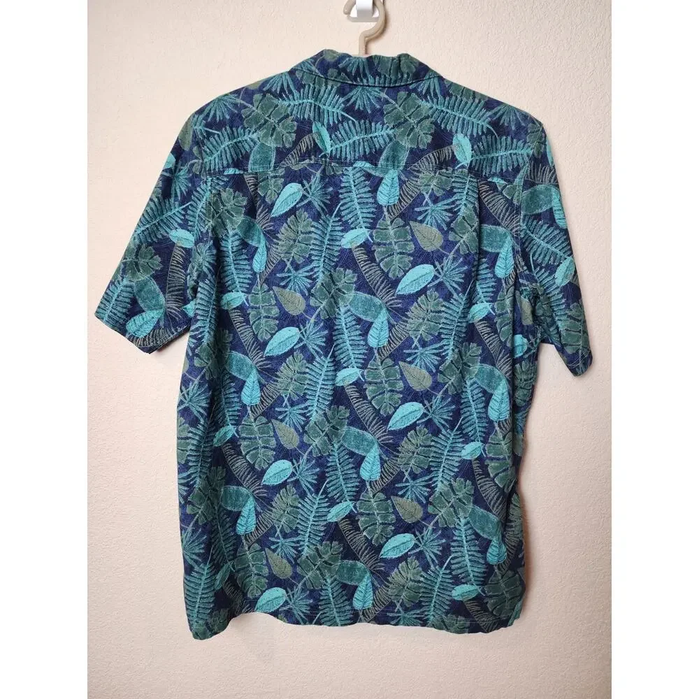 LL Bean Shirt Mens XL Tall Short Sleeve Hawaiian Camp Floral Green Blue Casual